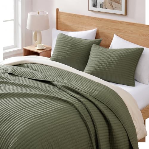 Queen Quilt-Lightweight Bedspreads Olive Green Queen Size Quilt Bedding Set | Soft Coverlet with 2 Pillow Shams for All Seasons, Suitable for Bed, Couch, 3 Pieces, 90"x94" - color: Olive Green, size: Queen