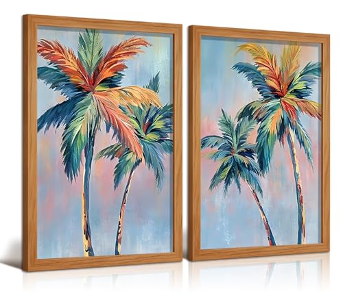 LDXCJXOR Colorful Palm Tree Wall Art, 2-Piece Framed Canvas Painting, Tropical Coastal Wall Decor for Living Room Bedroom, 16x24 Inch Ready to Hang - color: Colorful Palm Tree Wall Art, size: 24"L x 16"W