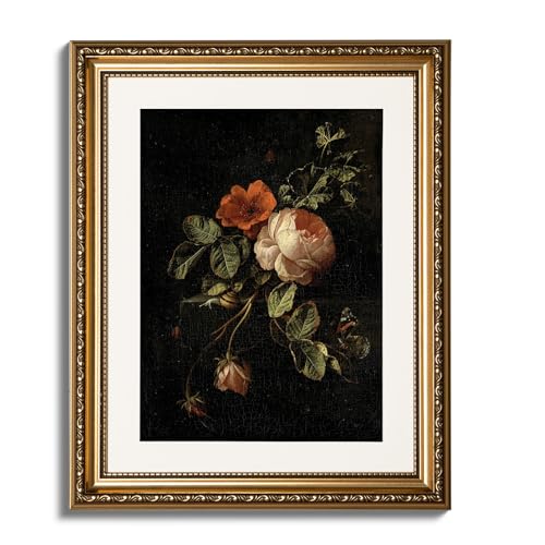 ARPEOTCY Vintage Gold Framed Wall Art,Retro Floral for Bathroom - color: Still Life and Rose, size: 16"L x 13"W