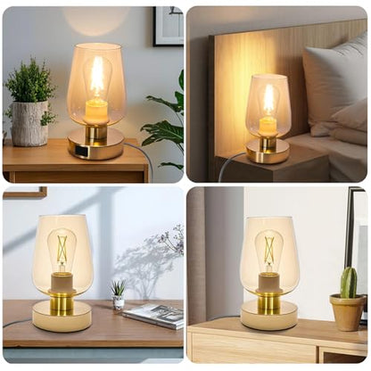 Touch Bedside Table Lamp with Glass Shade, Gold Modern Small Lamp for Bedroom Living Room Nightstand, 3 Way Dimmable Desk Lamp with USB C+A+AC Outlet Charging Ports, 800LM LED Bulb Included - color: Gold
