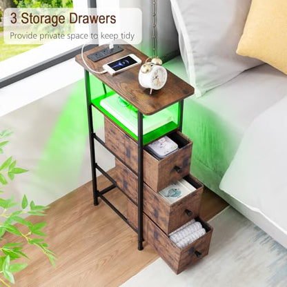Narrow End Table with Charging Station, Small Nightstand | Skinny Side Tables Living Room with 3 Fabric Drawers, Slim Bedside Table with LED Lights for Bedroom, Small Spaces, Brown - color: Rustic Brown, size: 27.55''H (3 Drawers), style: Power + Light