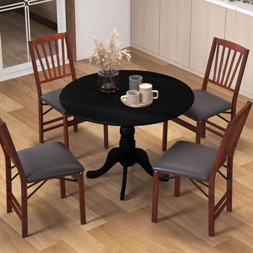 COSTWAY Round Dining Table for 4, 39 inch Kitchen Table with Solid Rubber Wood Frame, Adjustable Foot Pads, Curved Trestle Legs, Mid Century Rustic Dinning Table for Living Room, Black | Adjustable Foot Pads, Curved Trestle Legs, Mid Century Rustic Dinnin