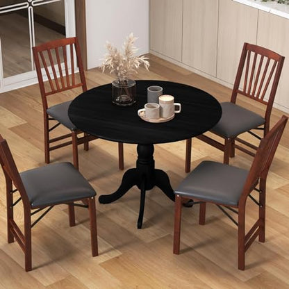 COSTWAY Round Dining Table for 4, 39 inch Kitchen Table with Solid Rubber Wood Frame, Adjustable Foot Pads, Curved Trestle Legs, Mid Century Rustic Dinning Table for Living Room, Black | Adjustable Foot Pads, Curved Trestle Legs, Mid Century Rustic Dinnin