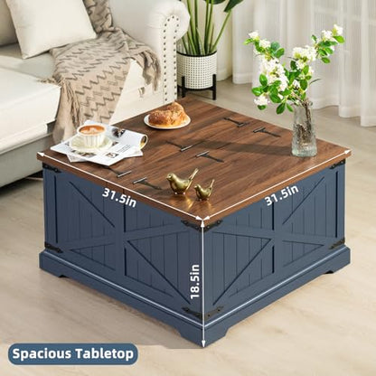 Joaxswe Farmhouse Coffee Table with Large Hidden Storage Compartment, Navy Blue Square Center Table, Wood Rustic Low Modern Living Room Tables with Hinged Lift Brown Top & Wooden Arc Base - color: Blue, style: With Base