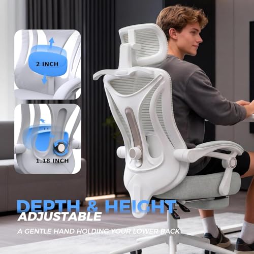 CYKOV Ergonomic Office Chair with Footrest - Adjustable Lumbar Support & Headrest, 90-135° Reclining Mesh Back Computer Chair - Home Office/Gaming, 350lbs Capacity | 4-Way Headrest (4.72" + 60°), 2-Way Lumbar (2" + 1.18"), 90-135° Recline, Breathable Mesh