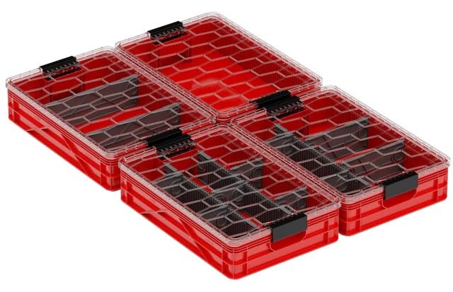 Quarter Crate 4-Pack Stackable Storage Bins, Red | Polypropylene, 14 dividers included, 19.16x12.75x4.57 in, over 1000 lb stack, lids sold separately - color: Red