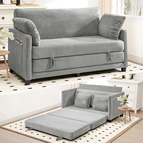 65" Convertible Loveseat Sofa Bed, 2-in-1 Folding Sofa Bed with 2 Pillow for Small Spaces, Modern Loveseat Sleeper Couch for Apartment, Living Room & Guest Room (Corduroy Light Grey, 65 inch) - color: Light Grey, size: 65"