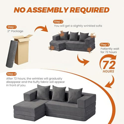 6-in-1 Tri-Folding Mattress | Cloud Boneless L-Shaped Modular Sectional Couches | Corduroy Pet-Friendly Convertible Futon Sofa Bed with 800LB Capacity Apartment, Guest Room, Game Room - color: Grey