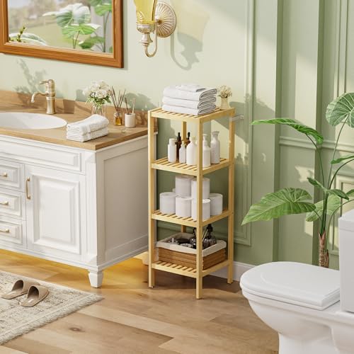SMIBUY Bathroom Storage Shelf, 4-Tier Bamboo Rack Organizer, Multifunctional Shelving Unit for Living Room Bedroom Kitchen (Natural) - color: Natural, size: 4 Tier