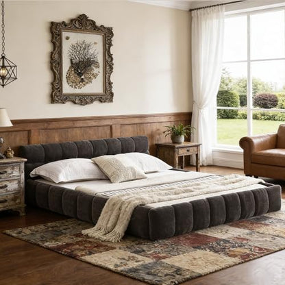 Chenille Fabric Upholstered Platform Bed Frame with Soft Headboard, Modern Low Profile Grounded Design, No Box Spring Needed, Sturdy MDF & Wood Frame, Neutral Style (Dark Grey, Queen (U.S. Standard)) - color: Dark Grey, size: Queen (U.S. Standard)