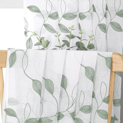 Tollpiz Sage Green Leaf Sheer Tier Curtain Kitchen 30 x 36 Inches | Leaves Embroidered Curtains Rod Pocket Voile Bathroom Window Treatment for Cafe, Set of 2 Panels - color: Sage Green, size: 30"W x 36"L (Pack of 2)
