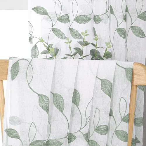 Tollpiz Sage Green Leaf Sheer Tier Curtains Leaves Embroidered Kitchen Short Curtain Rod Pocket Voile Bathroom Curtains for Cafe, 30 x 24 inches Long, Set of 2 Panels | Short Curtain Leaves Embroidered Rod Pocket Voile Bathroom Window Treatment for Cafe,