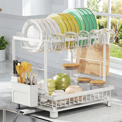 Multifunctional Dish Drying Rack - Rustproof, 2-Tier Dish Racks with Drainboard, Space-Saving Design, Utensil & Cup Holder for Kitchen Counter, White - color: White
