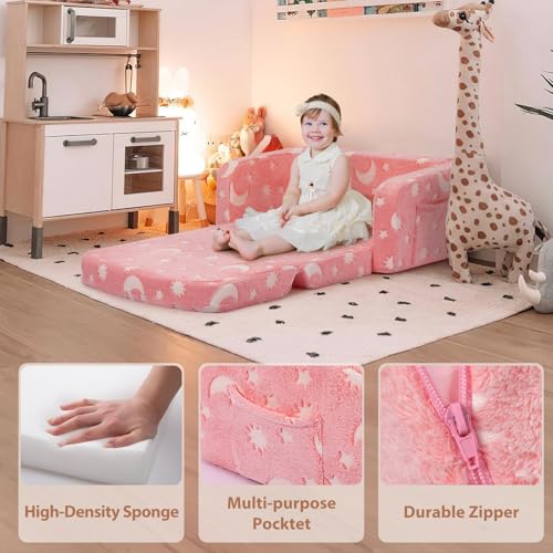 Foryoomi Extra Wide Kids Couch, Kids Sofa, Toddler Sofa, Glow in The Dark, 2-in-1 Soft Toddler Couch with Blanket and Pillow, Moon Style, Pink - color: Pink Moon