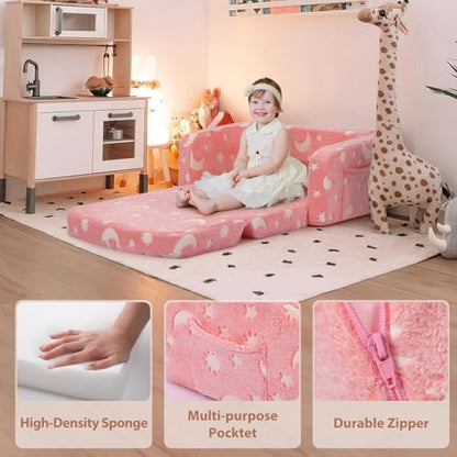 Foryoomi Extra Wide Kids Couch, Kids Sofa, Toddler Sofa, Glow in The Dark, 2-in-1 Soft Toddler Couch with Blanket and Pillow, Moon Style, Pink - color: Pink Moon