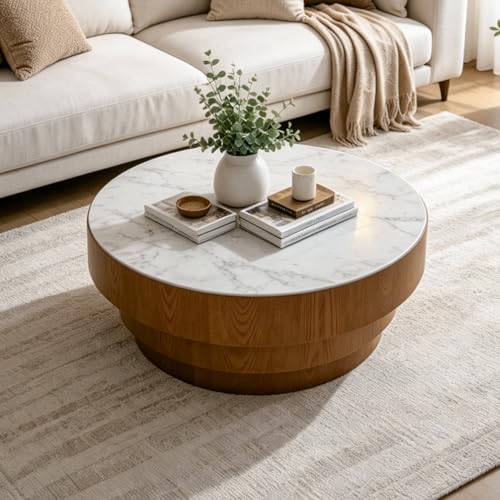 31.5" Round White Sintered Stone Coffee Table, Mid-Century Modern Marble Coffee Table with Stable Wood Pedestal Base, Circle Drum Cocktail Center Tea Tables for Living Room Bedroom Apartment - color: White