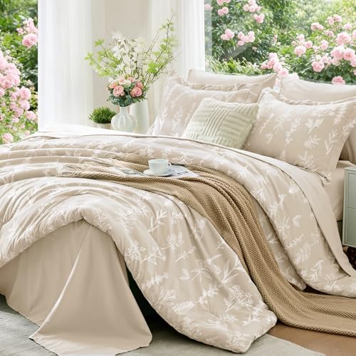 Beige Bed in a Bag Queen 7 Pieces, Queen Comforter Set Reversible Botanical Flowers Design, Ultra Soft & Breathable Bedding Sets with Comforter, Sheets, Pillowcases & Shams - color: Beige Leaves, size: Queen(88"x 88")