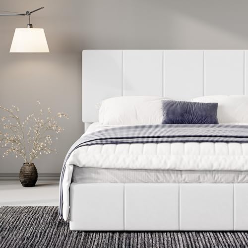 Allewie Full Size Dutch Velvet Upholstered Platform Bed Frame/Vertical Channel Tufted Adjustable Headboard/Low Profile Bed Frame/No Box Spring Needed/Easy Assembly/White - color: White, size: Full