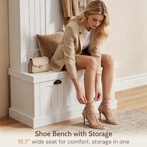 Hall Tree with Bench and Shoe Storage, Farmhouse Entryway Coat Rack with Arched Top Shelf, 5 Hooks, Flip-Down Shoe Cabinet, Beadboard Paneling, Anti-Tip Device, White, 32.7" x 15.8" x 76.8"