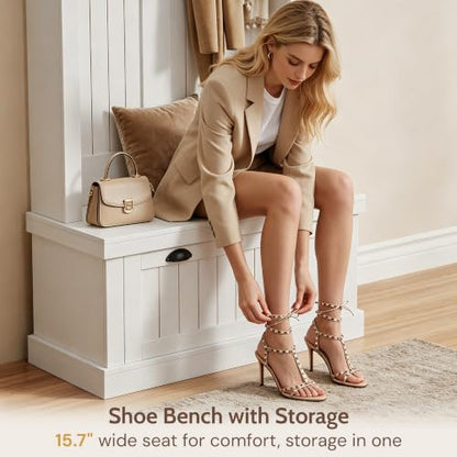 Hall Tree with Bench and Shoe Storage, Farmhouse Entryway Coat Rack with Arched Top Shelf, 5 Hooks, Flip-Down Shoe Cabinet, Beadboard Paneling, Anti-Tip Device, White, 32.7" x 15.8" x 76.8"