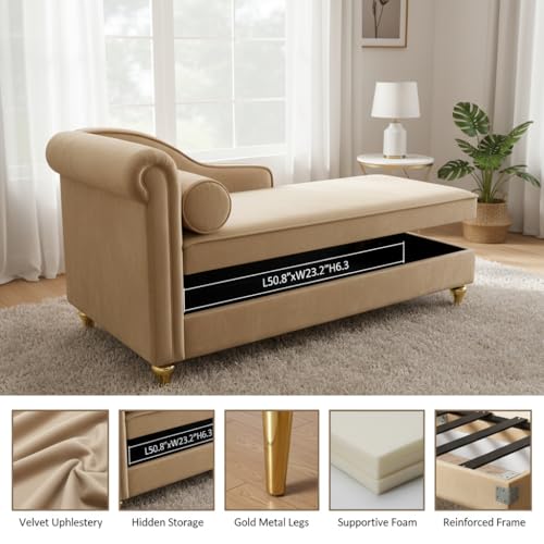 60.6" Modern Storage Chaise Lounge Indoor,Velvet Upholstery Sofa Chair with1 Toss Pillows,Upholstery Lounge Sofa with Gold Metal Legs for Small Apartment,Living Room,Office,Reception Area,Khaki - color: Khaki