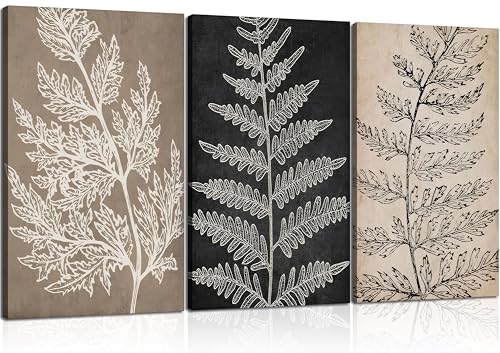 3Pcs Framed Botanical Canvas Wall Art Black Tan Fern Leaf Pictures Minimalist Paintings Nature Fern Plant Silhouette Posters Prints for Living Room Bedroom Office Farmhouse Wall Decor - color: Plant Canvas, size: 16"Lx12"W