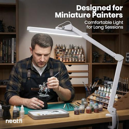 Neatfi XL 2,500 Lumens 30W LED Task Lamp for Manicure Table, Crafts, Workbench, Office – 22” Wide Shade Desk Light | Eye-Caring 6500K | 4-Level Brightness (White, Non-CCT with Clamp) - color: White