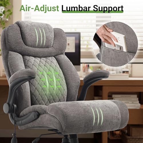 Office Chair, Big and Tall Executive Chair with Air-Lumbar Support, Breathable Desk Computer Chair with Adjustable Flip-up Armrests, Wide Cushion Seat Swivel Home Office Chair - color: Grey