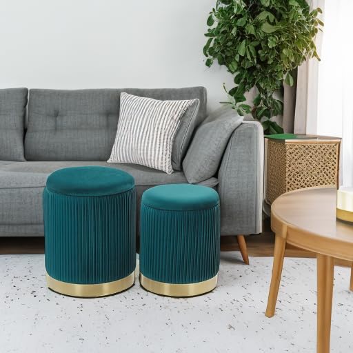 YYW HOME Round Ottoman with Storage Set of 2 Green Velvet Vanity Stool | Removable Lid, Gold and Green Ottoman,Hidden Storage Stool, Small Coffee Table for Living Room,Nest Packing, Assembly Free - color: Green