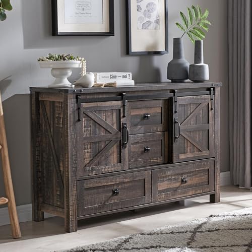 T4TREAM 48" Wide Farmhouse Sideboard Buffet Cabinet, Dark Rustic Oak | 31.2" Tall Kitchen Cabinet with Storage, 2 Sliding Barn Doors, 4 Drawers, Rustic Wood, Coffee Bar Table, Dining Room - color: Dark Rustic Oak