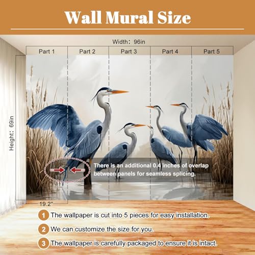 Wall Mural Blue Heron Sea Bird Wild Coastal Birds Vintage Herons Water Reeds Peel & Stick Wallpaper Removable Self-Adhesive Large Wall Sticker Wall Decor for Bedroom Living Room Nursery 69"x96" - color: Multi3, size: 69"x96"