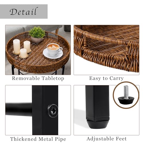 DINGTAI Brown Small Round End Table, 19in Rattan End Tables, Wicker Rattan Side Table, Round Sofa Side Table, Indoor Outdoor Side Tables for Patio, Living Room Bedroom Office