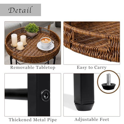 DINGTAI Brown Small Round End Table, 19in Rattan End Tables, Wicker Rattan Side Table, Round Sofa Side Table, Indoor Outdoor Side Tables for Patio, Living Room Bedroom Office