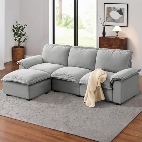 HALLYBEE Cloud Couch Sectional Modular Sofa for Living Room Grey | Modular Sectional Cloud Couch with Movable Ottoman, L-Shaped, 3-Seater, Chenille Fabric, Removable Cushion Covers, Apartment - color: Cloud Grey