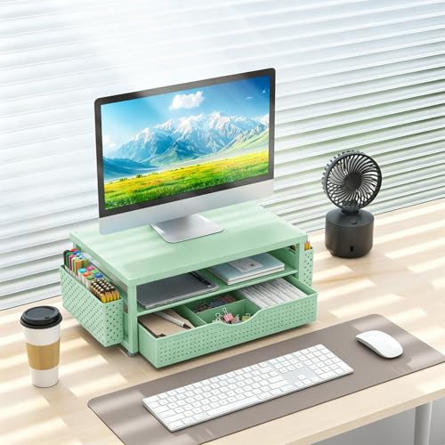 gianotter Desk Organizers and Accessories, Monitor Stand with Drawer and 2 Pen Holder, Desktop Organizer Suitable for Offices and Dormitories (Sage Green-Plain) - color: Sage Green-Plain