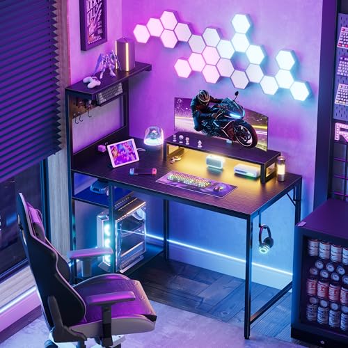40 inch Small Gaming Desk with Pegboard Shelves Computer Desks with Led Lights Power Outlets PC Monitor Stand Reversible Storage Shelf Table for Bedroom Small Space, Black