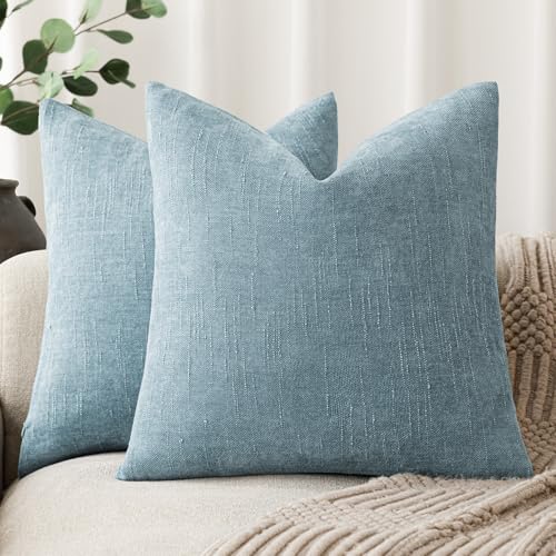 Foindtower Pack of 2 Textured Chenille Throw Decorative Pillow Covers Square Accent Solid Cushion Cover Neutral Farmhouse Pillow Case for Couch Sofa Bedroom Living Room 16x16 Inch,Sky Blue - color: Sky, size: 16" x 16" (Pack of 2)