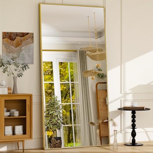 76"x34" Full Length Mirror Large Rectangle Full Body Mirror, Gold | Aluminum Alloy Frame Freestanding Mirrors, Lean/Stand/Wall HD Tempered Glass Floor Mirror for Bedroom Living Room Dressing - color: Gold, size: 76"L x 34"W