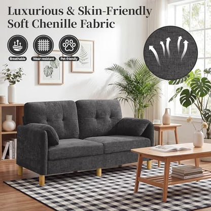 Mid Century Modern Couch, 65" Loveseat Sofa, Dark Grey | Storage Pockets, Upholstered Small Loveseat for Small Spaces, Bedroom, Home Office, Apartments - color: Dark Grey