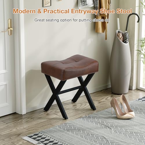 18-Inch Leather Vanity Stool Chair, Dark Brown Makeup Stool | Vanity Bench, Metal X-Leg, Ottoman Accent Stool, Thick Padded Saddle Seat, 300 LBS, 16.3"x12.4"x18", For Bedroom, Closet - size: Small, style: Dark Brown Leather