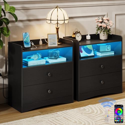 2 Pack Nightstand with Charging Station and LED Light, Black | Modern Nightstand, USB Ports, Outlets, Wooden Bedside Table, 2 Storage Drawers, Small Dresser, Bedroom, Small Space - color: Black, size: 2 Pack