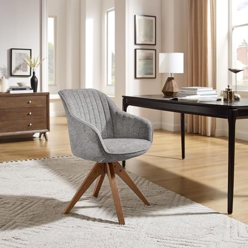 Swivel Desk Chair for Home Office, Fabric, Gray | No Wheels, Oka Wood Legs, Mid Century Modern, Upholstered, 360° Swivel, Accent Chair, Living Room, Bedroom - color: Grey, size: Fabric
