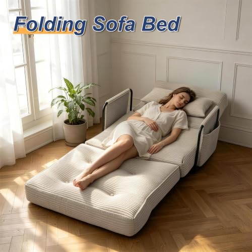 Futon Sofa Bed,Convertible Sofa Bed,Folding Boneless Couches | 3-in-1 Folding Sofa Bed,Boneless Couches for Living Room with Pillow & Side Pocket,High-density Foam,Single Sleeper,Beige - color: Beige, size: Single