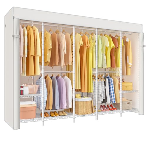 H50C Clothes Rack with Cover, Large Covered Clothing Rack, White | Freestanding Portable Closets for Hanging Clothes, Heavy Duty Garment Racks with Shelves, 91.3 Inches Wide, Max Load 1350 Lbs - color: White Rack with White Cover