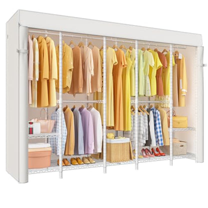 H50C Clothes Rack with Cover, Large Covered Clothing Rack, White | Freestanding Portable Closets for Hanging Clothes, Heavy Duty Garment Racks with Shelves, 91.3 Inches Wide, Max Load 1350 Lbs - color: White Rack with White Cover