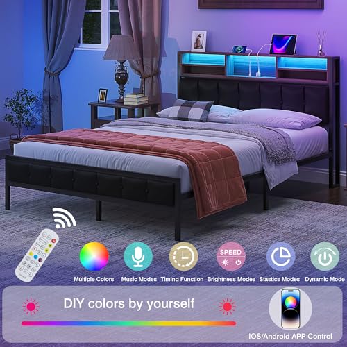 VECELO Farmhouse Metal Bed Frame Twin Size with Wooden Headboard & Footboard, Solid Platform Mattress Foundation with Storage, LED Light, Charging Station, USB Ports, Noise-Free, Easy Assembly, Black - size: Twin