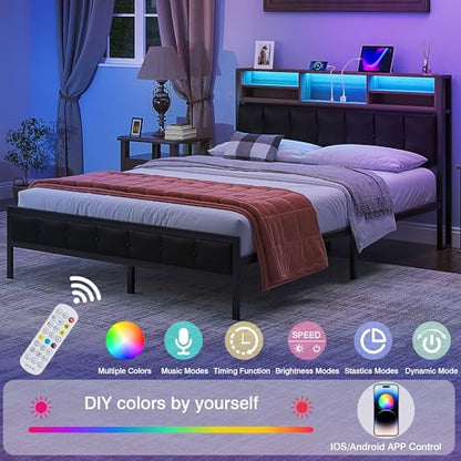 VECELO Farmhouse Metal Bed Frame Twin Size with Wooden Headboard & Footboard, Solid Platform Mattress Foundation with Storage, LED Light, Charging Station, USB Ports, Noise-Free, Easy Assembly, Black - size: Twin
