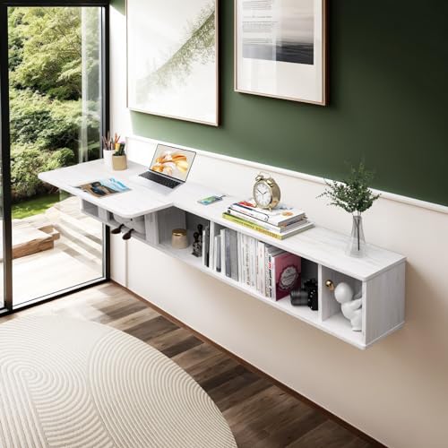 Pmnianhua 63'' Floating Desk with Storage Shelves,Wall Mounted Desk Laptop Computer Writing Study Table for Bedroom Small Space(White)