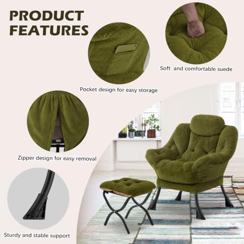 Lazy Chair with Folding Ottoman,Leisure Sofa Chair,Soft Fabric Armchair with Armrests and Side Pockets, Reading Chair with Footrest for Living Room, Bedroom, Office (Plush Green) - color: Plush Green