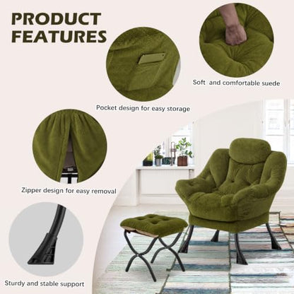 Lazy Chair with Folding Ottoman,Leisure Sofa Chair,Soft Fabric Armchair with Armrests and Side Pockets, Reading Chair with Footrest for Living Room, Bedroom, Office (Plush Green) - color: Plush Green